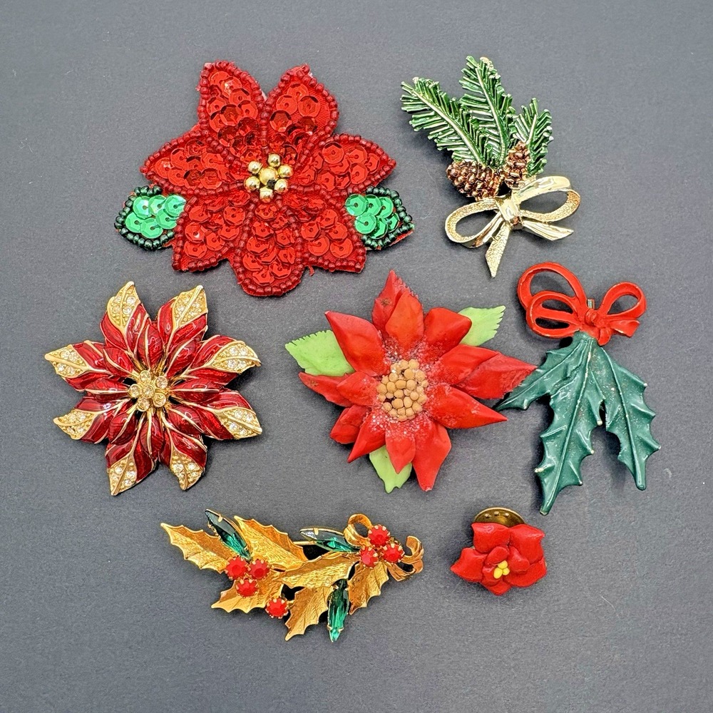 Vintage Christmas Poinsettia Holly Pine Brooches Lot of 7 Holiday Retro Sequin